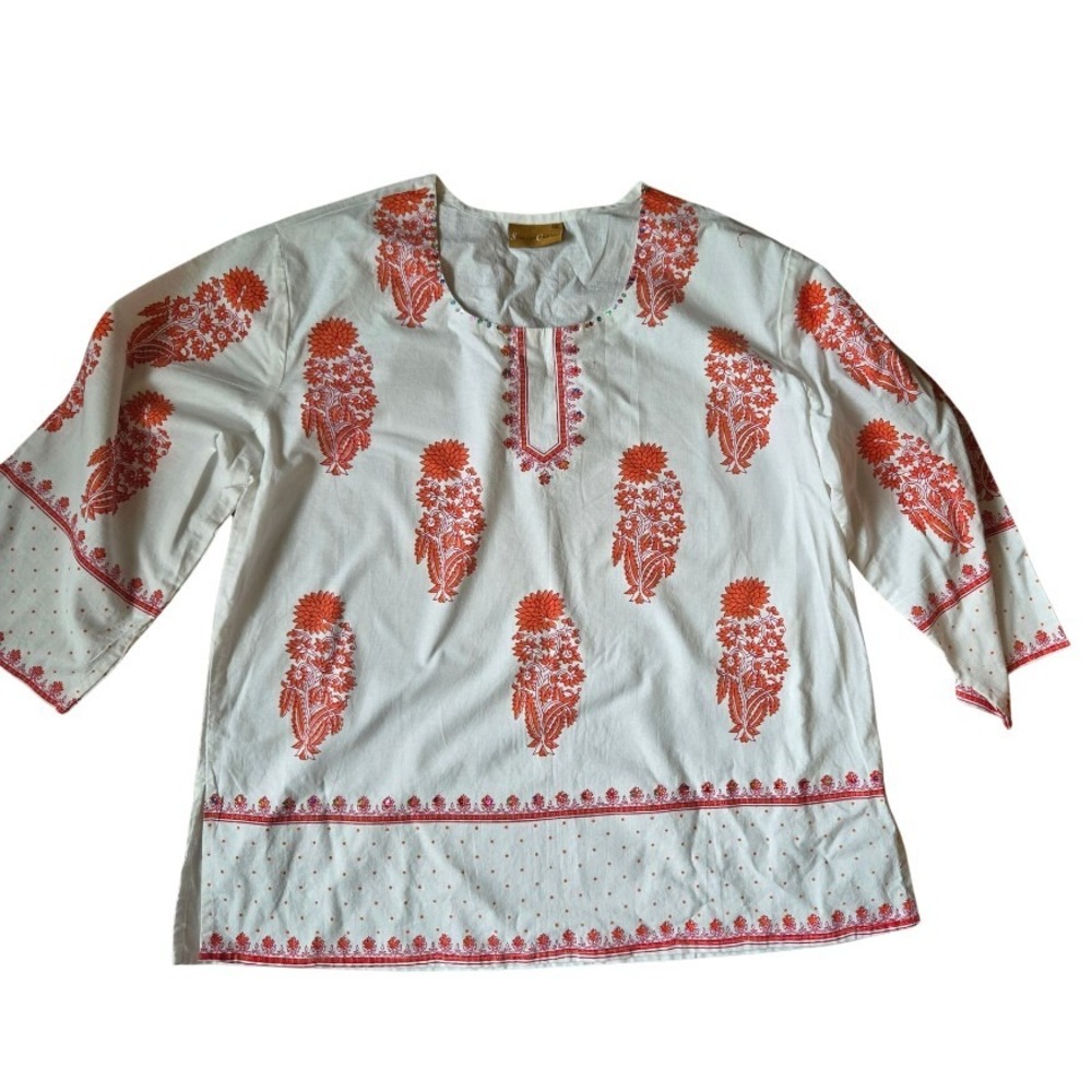 Stylish Chakra Floral Tunic Blouse Size XXL Sequined Embellishments Long Sleeve
